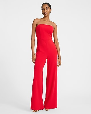 Express Women's Strapless Wide Leg Palazzo Split Hem Jumpsuit in Racing Red