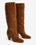 Women's Brian Atwood X Express Suede Scrunch Mid-Calf Heeled Boots in Cognac
