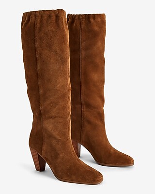 Women's Brian Atwood X Express Suede Scrunch Mid-Calf Heeled Boots in Cognac