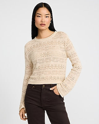 Express Women's Open Stitch Crew Neck Sweater in Neutral Small