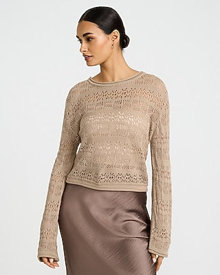 Express Women's Open Stitch Crew Neck Sweater in Brown Small