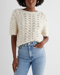 Express Women's Open Stitch Cable Knit Crew Neck Short Sleeve Sweater in Sandshell