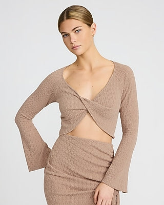 Express Women's Lightweight Textured Twist Front Cropped Sweater in Blush Taupe