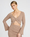 Express Women's Lightweight Textured Twist Front Cropped Sweater in Neutral Small
