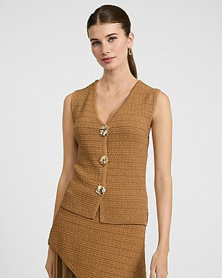 Express Women's Textured V-Neck Novelty Button Sweater Vest in Neutral Small