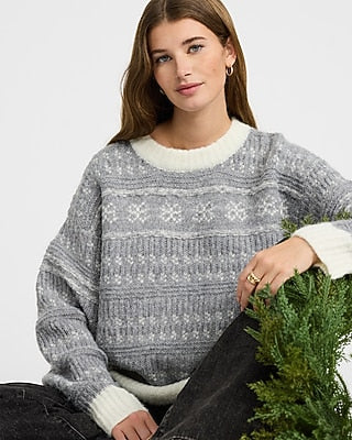 Express Women's Fair Isle Tipped Crew Neck Sweater in Light Grey Heather