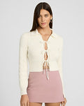 Express Women's Collared Tie Front Cutout Long Sleeve Sweater in White Small