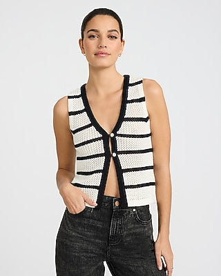 Express Women's Striped V-Neck Cutaway Sweater Vest in White Small