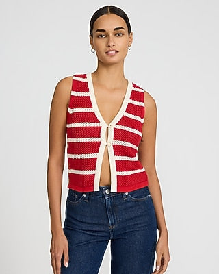 Express Women's Striped V-Neck Cutaway Sweater Vest in Red Small