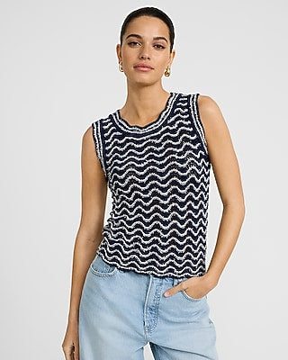 Express Women's Open Stitch Wavy Striped Crew Neck Sweater Tank Top in Navy Blue
