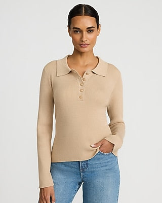 Express Women's Fitted Novelty Button Sweater Polo in Neutral Small