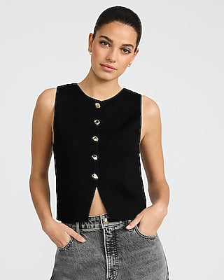 Express Women's Crew Neck Novelty Button Cutaway Sweater Vest in Black Small
