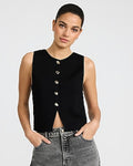 Express Women's Crew Neck Novelty Button Cutaway Sweater Vest in Pitch Black