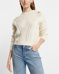 Express Women's Cable Knit Crew Neck Cutout Sweater in Swan