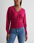 Express Women's V-Neck Banded Bottom Soho Sweater in Bright Fuchsia