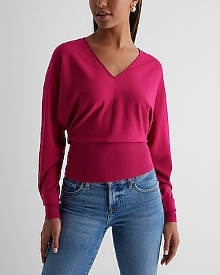 Express Women's V-Neck Banded Bottom Soho Sweater in Bright Fuchsia