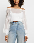 Express Women's Sheer Off The Shoulder Dolman Sleeve Cropped Sweater in White