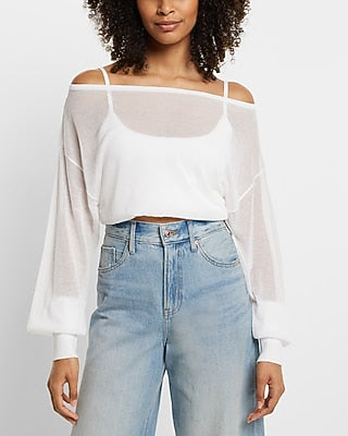 Express Women's Sheer Off The Shoulder Dolman Sleeve Cropped Sweater in White