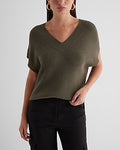 Express Women's Ribbed V-Neck Short Sleeve Oversized Sweater in Olive