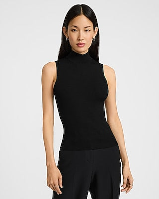 Express Women's Silky Soft Fitted Ribbed Mock Neck Sweater Tank Top in Pitch Black