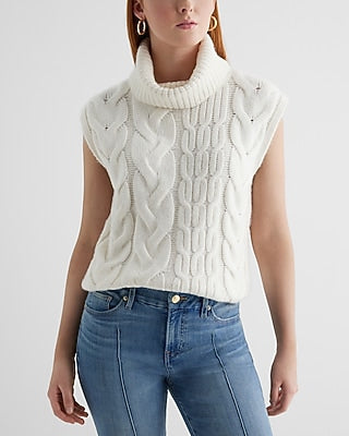 Express Women's Cable Knit Turtleneck Sweater Vest in Swan
