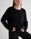 Express Women's Relaxed Crew Neck Faux Leather Patch Sweater in Pitch Black