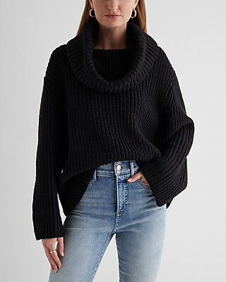 Express Women's Ribbed Cowl Neck Sweater in Pitch Black