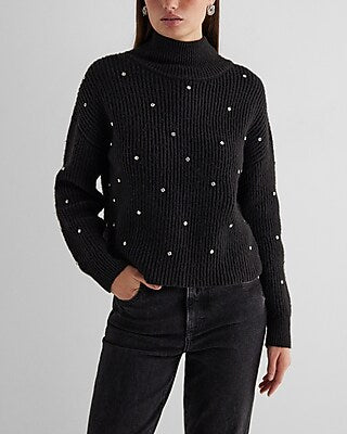 Express Women's Reversible Embellished Rhinestone Mock Neck Crossover Sweater in Black Small