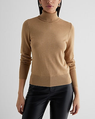 Express Women's Silky Soft Fitted Shine Turtleneck Long Sleeve Sweater in Pecan