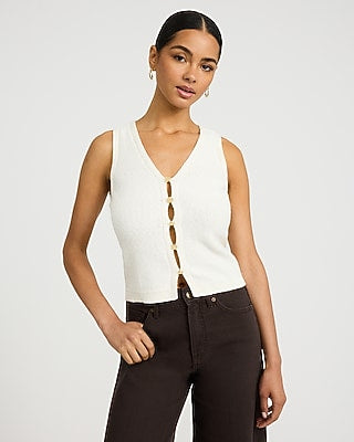 Express Women's V-Neck Gold Button Front Cutaway Sweater Vest in Ivory
