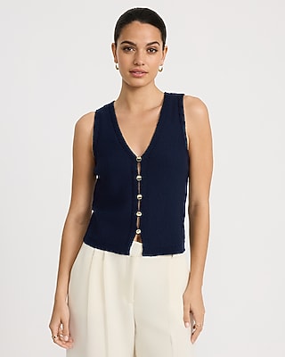Express Women's V-Neck Gold Button Front Cutaway Sweater Vest in Blue Small