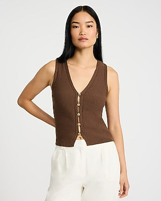 Express Women's V-Neck Gold Button Front Cutaway Sweater Vest in Brown Small