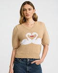 Express Women's Heart Swan V-Neck Puff Sleeve Sweater in Pecan