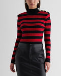 Express Women's Striped Mock Neck Padded Shoulder Novelty Button Sweater in Red Stripe