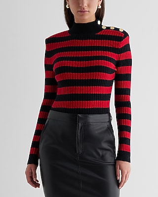 Express Women's Striped Mock Neck Padded Shoulder Novelty Button Sweater in Red Stripe