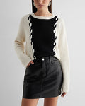 Express Women's Cable Knit Color Block Crew Neck Sweater in Swan