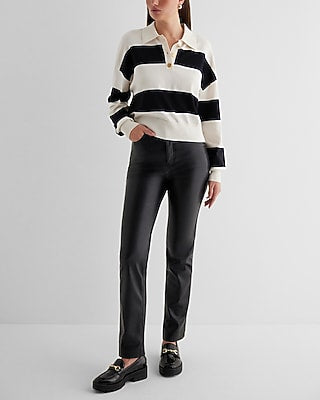 Express Women's Striped Novelty Button Polo Sweater in Neutral Stripe