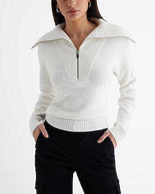Express Women's Quarter Zip Oversized Collar Sweater in White