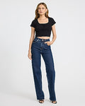 Express Women's Ribbed Scoop Neck Bow Front Lace Trim T-Shirt in Pitch Black