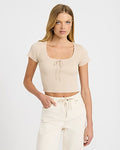 Express Women's Ribbed Scoop Neck Bow Front Lace Trim T-Shirt in Neutral Small