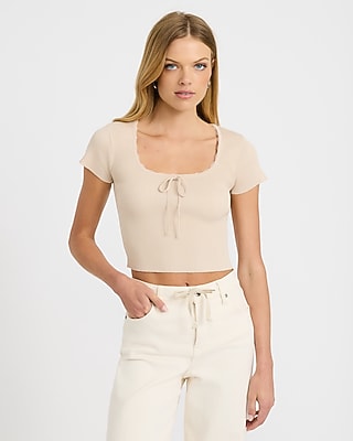 Express Women's Ribbed Scoop Neck Bow Front Lace Trim T-Shirt in Neutral Small