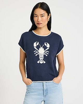 Express Women's Lobster Crew Neck Short Sleeve Sweater in Blue Small