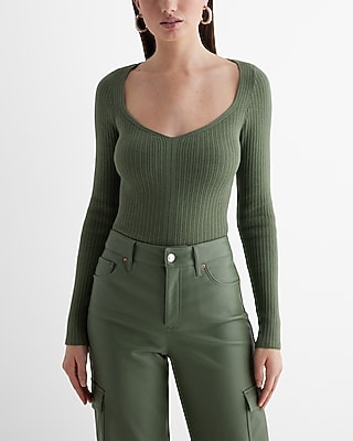 Express Women's Fitted Ribbed Sweetheart Neckline Sweater in Green Small