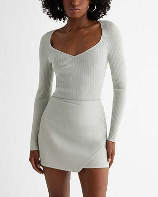 Express Women's Fitted Ribbed Sweetheart Neckline Sweater in Iced Aqua
