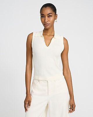 Express Women's Cable Knit V-Neck Sleeveless Sweater Polo in Cream