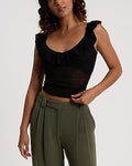Express Women's Sheer V-Neck Ruffle Sweater Tank Top in Pitch Black