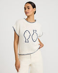 Express Women's Stitched Trim Fish Crew Neck Short Sleeve Sweater in Ivory
