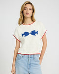 Express Women's Fish Crew Neck Short Sleeve Sweater in Ivory