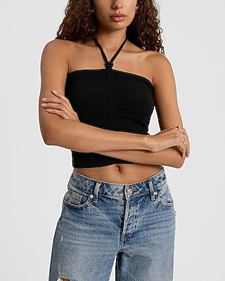 Express Women's Ruched Knot Halter Neck Sweater Tank Top in Pitch Black