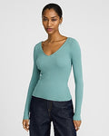 Express Women's Silky Soft Fitted Ribbed Double V-Neck Sweater in Mineral Blue